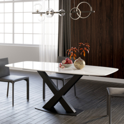 180 cm Modern Extendable White Sintered Stone Dining Table with Leaf X-Base 4-6 Seater - thumbnail 3