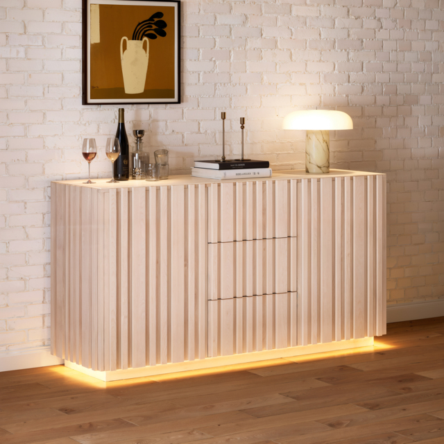 Aura 152 cm Faux Travertine Top Buffet Sideboard with Ash Wood Slatted Panels & Light - image 1