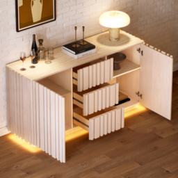 Aura 152 cm Faux Travertine Top Buffet Sideboard with Ash Wood Slatted Panels & Light - thumbnail 3