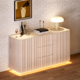 Aura 152 cm Faux Travertine Top Buffet Sideboard with Ash Wood Slatted Panels & Light - thumbnail 2