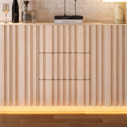 Aura 152 cm Faux Travertine Top Buffet Sideboard with Ash Wood Slatted Panels & Light - thumbnail 6