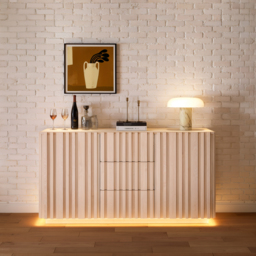 Aura 152 cm Faux Travertine Top Buffet Sideboard with Ash Wood Slatted Panels & Light - thumbnail 4