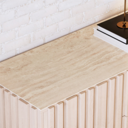 Aura 152 cm Faux Travertine Top Buffet Sideboard with Ash Wood Slatted Panels & Light - thumbnail 5
