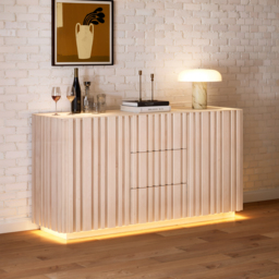 Aura 152 cm Faux Travertine Top Buffet Sideboard with Ash Wood Slatted Panels & Light - thumbnail 1