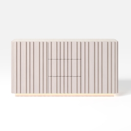 Aura 152 cm Faux Travertine Top Buffet Sideboard with Ash Wood Slatted Panels & Light - thumbnail 9
