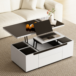 Modern White Lift Top Glass Coffee Table with Drawers & Storage Multifunction Table - thumbnail 3