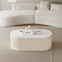 Sintered Stone Round Coffee Table Modern White Living Room Furniture with Storage - thumbnail 7