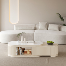 Sintered Stone Round Coffee Table Modern White Living Room Furniture with Storage - thumbnail 6