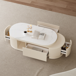 Sintered Stone Round Coffee Table Modern White Living Room Furniture with Storage - thumbnail 4