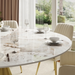 "60"" Round Glossy Sintered Stone Dining Table with Gold Metal Pedestal Base, Seats 6" - thumbnail 8
