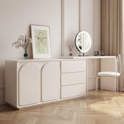 Retractable Modern White Dressing Table Dressing Table with Doors & Drawers Beauty Station for Bedroom