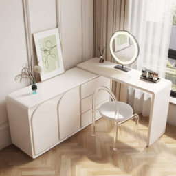 Retractable Modern White Dressing Table Dressing Table with Doors & Drawers Beauty Station for Bedroom - thumbnail 5