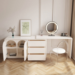 Retractable Modern White Dressing Table Dressing Table with Doors & Drawers Beauty Station for Bedroom - thumbnail 3