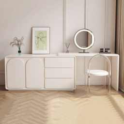 Retractable Modern White Dressing Table Dressing Table with Doors & Drawers Beauty Station for Bedroom - thumbnail 4