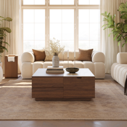 1000mm Square Lift-Top Travertine Veneer Sintered Stone Coffee Table with Storage - thumbnail 9