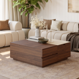 1000mm Square Lift-Top Travertine Veneer Sintered Stone Coffee Table with Storage - thumbnail 8