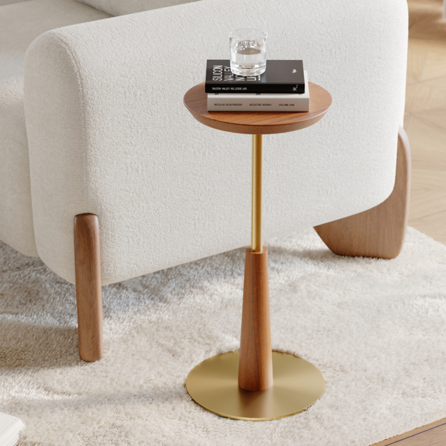 Round Mid-Century Modern Cocktail Table Walnut & Gold Side Table - image 1