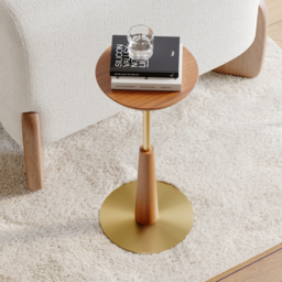 Round Mid-Century Modern Cocktail Table Walnut & Gold Side Table - thumbnail 3