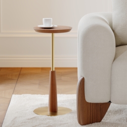 Round Mid-Century Modern Cocktail Table Walnut & Gold Side Table - thumbnail 2