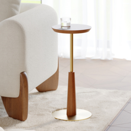 Round Mid-Century Modern Cocktail Table Walnut & Gold Side Table - thumbnail 5