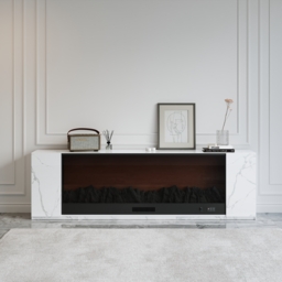 220 cm Modern White Marble Veneer Sintered Stone Electric Fireplace TV Stand with Remote Control Temperature Adjustable - thumbnail 3