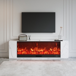 220 cm Modern White Marble Veneer Sintered Stone Electric Fireplace TV Stand with Remote Control Temperature Adjustable - thumbnail 2