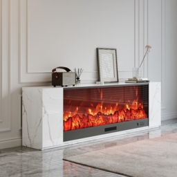 220 cm Modern White Marble Veneer Sintered Stone Electric Fireplace TV Stand with Remote Control Temperature Adjustable
