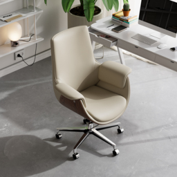 Grey Leather Modern Home Office Chair Upholstered High Back Desk Chair Wood Grain Frame - thumbnail 8