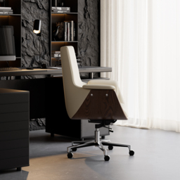 Grey Leather Modern Home Office Chair Upholstered High Back Desk Chair Wood Grain Frame - thumbnail 6