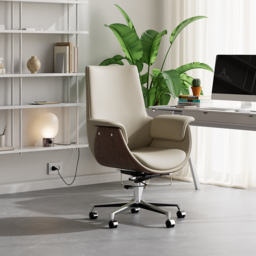 Grey Leather Modern Home Office Chair Upholstered High Back Desk Chair Wood Grain Frame - thumbnail 7