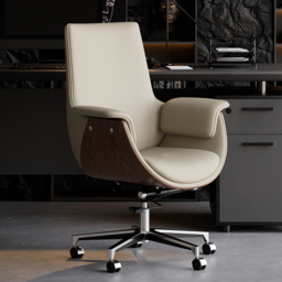 Grey Leather Modern Home Office Chair Upholstered High Back Desk Chair Wood Grain Frame - thumbnail 4