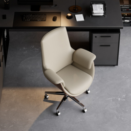 Grey Leather Modern Home Office Chair Upholstered High Back Desk Chair Wood Grain Frame - thumbnail 5