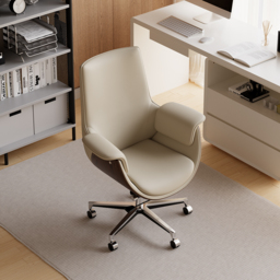 Grey Leather Modern Home Office Chair Upholstered High Back Desk Chair Wood Grain Frame - thumbnail 3