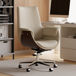 Ivory Leather Modern Home Office Chair Upholstered High Back Desk Chair Wood Grain Frame