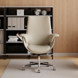 Grey Leather Modern Home Office Chair Upholstered High Back Desk Chair Wood Grain Frame - thumbnail 2