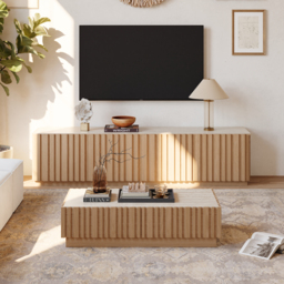 "Aura 47"" Ash Wood Slatted Coffee Table with Sintered Stone Top" - thumbnail 5