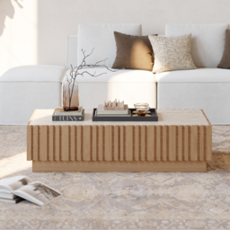 "Aura 47"" Ash Wood Slatted Coffee Table with Sintered Stone Top" - thumbnail 3