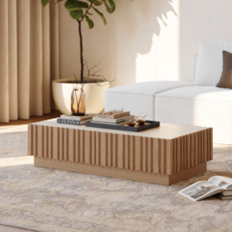 "Aura 47"" Ash Wood Slatted Coffee Table with Sintered Stone Top" - thumbnail 1