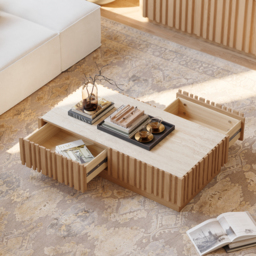 "Aura 47"" Ash Wood Slatted Coffee Table with Sintered Stone Top" - thumbnail 4