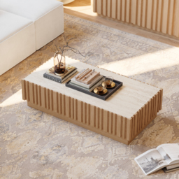 "Aura 47"" Ash Wood Slatted Coffee Table with Sintered Stone Top" - thumbnail 2