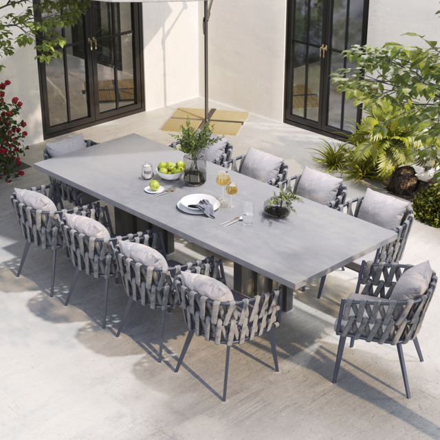11 Pieces Gray Aluminum Outdoor Patio Dining Set with Extendable Table and Woven Armchai - image 1