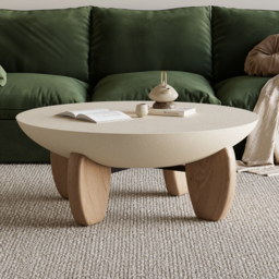 Curva Round Small Modern Beige & Natural Coffee Table Concrete & Wood Accent Table