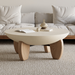 Curva Round Small Modern Beige & Natural Coffee Table Concrete & Wood Accent Table - thumbnail 2