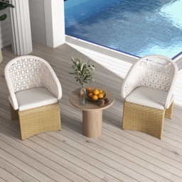 Aluminium & Rattan Outdoor Patio Dining Armchair Chair in White & Khaki (Set of 2) - thumbnail 4