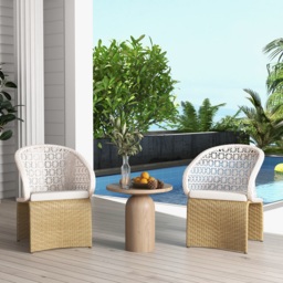 Aluminium & Rattan Outdoor Patio Dining Armchair Chair in White & Khaki (Set of 2) - thumbnail 3