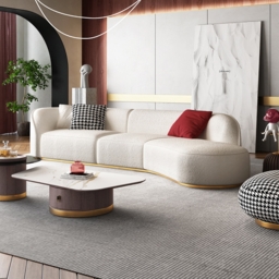 3400mm Curved White Sectional Sofa Upholstered 5-Seater Floor Sofa Faux-Fur Polyester - thumbnail 7