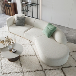 3400mm Curved White Sectional Sofa Upholstered 5-Seater Floor Sofa Faux-Fur Polyester - thumbnail 1