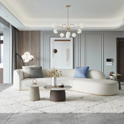 3400mm Curved White Sectional Sofa Upholstered 5-Seater Floor Sofa Faux-Fur Polyester - thumbnail 8