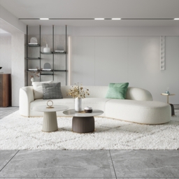 3400mm Curved White Sectional Sofa Upholstered 5-Seater Floor Sofa Faux-Fur Polyester - thumbnail 2