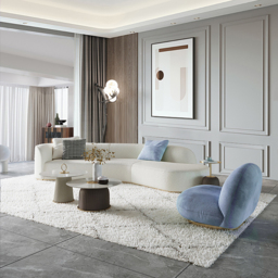 3400mm Curved White Sectional Sofa Upholstered 5-Seater Floor Sofa Faux-Fur Polyester - thumbnail 9